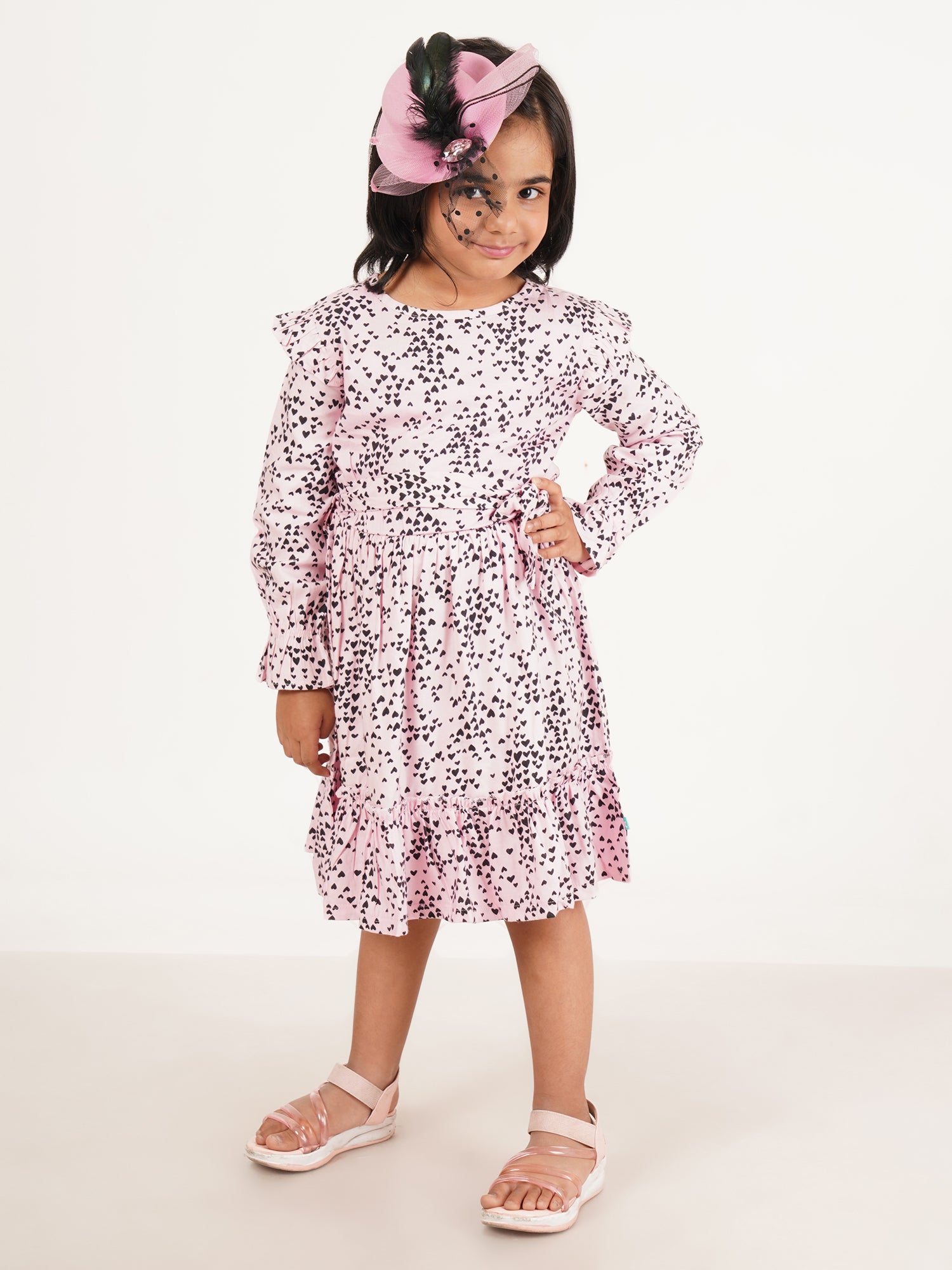 Girls' Pink Heart Print Ruffle Dress – Long Sleeve, Belted Waist, Elegant Party Wear