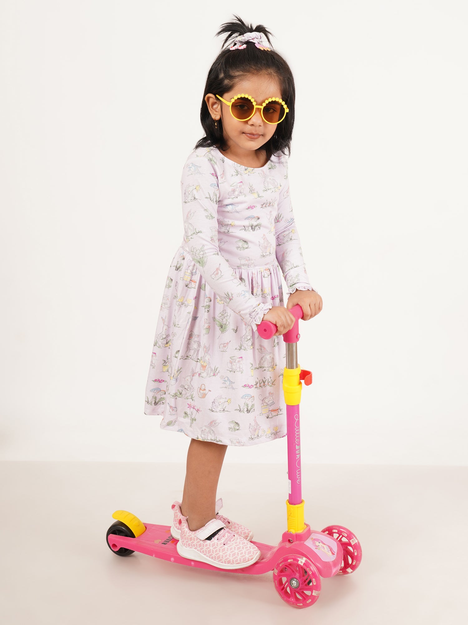 "Girls' Long Sleeve Pastel Purple Dress – Adorable Bunny & Garden Print Cotton Frock"