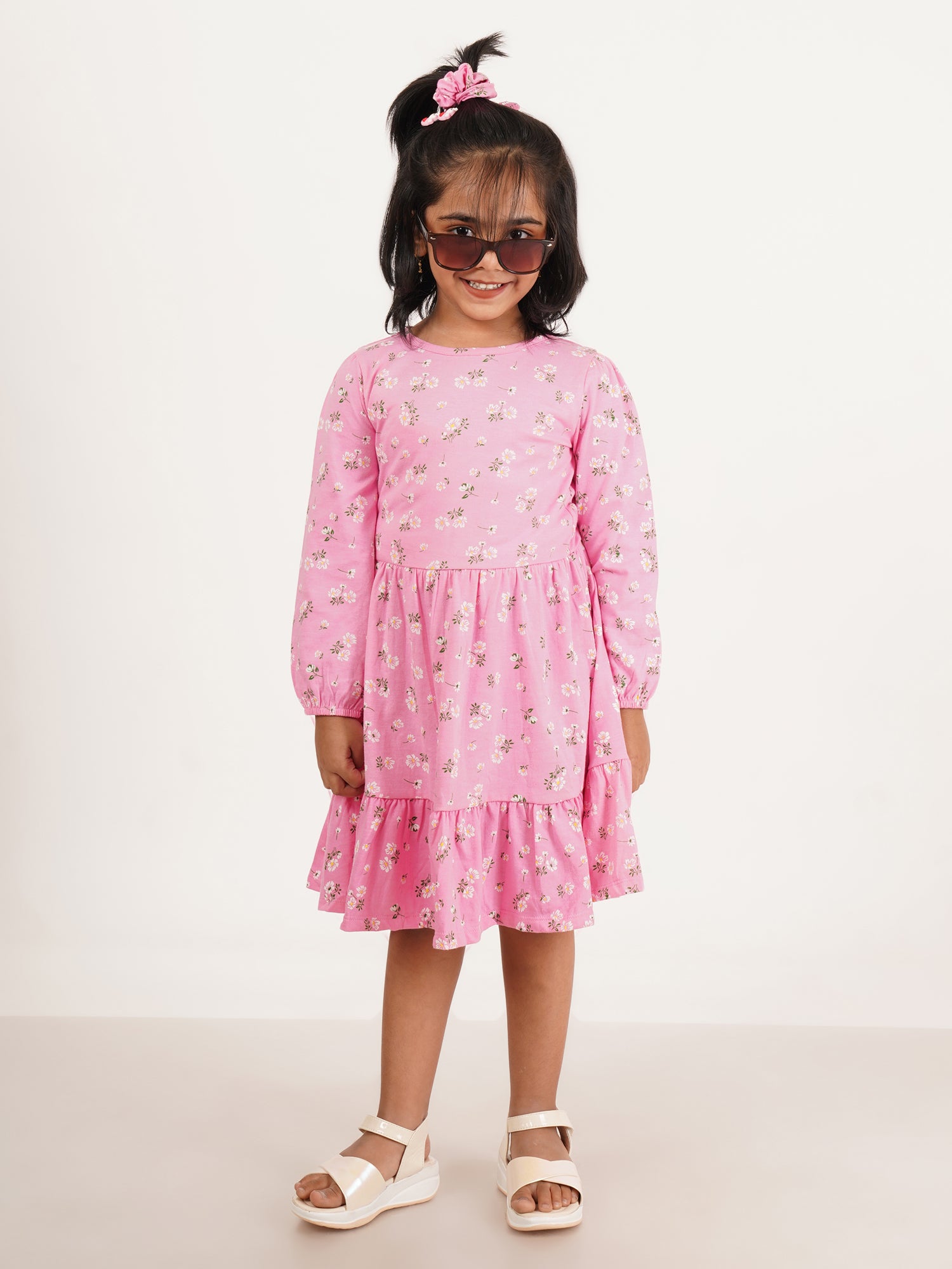 "Girls' Long Sleeve Pink Floral Print Cotton Dress with Ruffle Hem"
