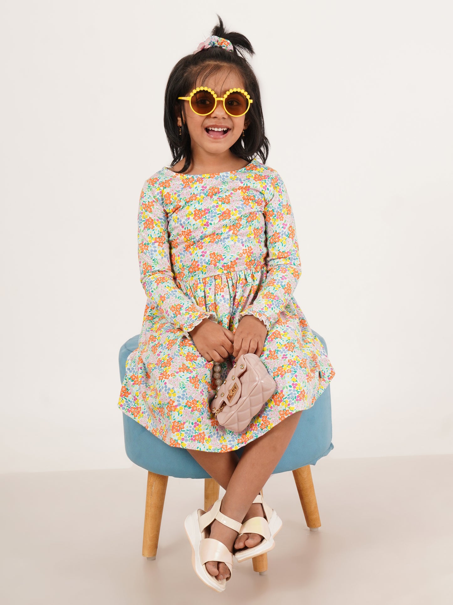 "Girls' Long Sleeve Floral Print Dress – Colorful Spring Cotton Frock"