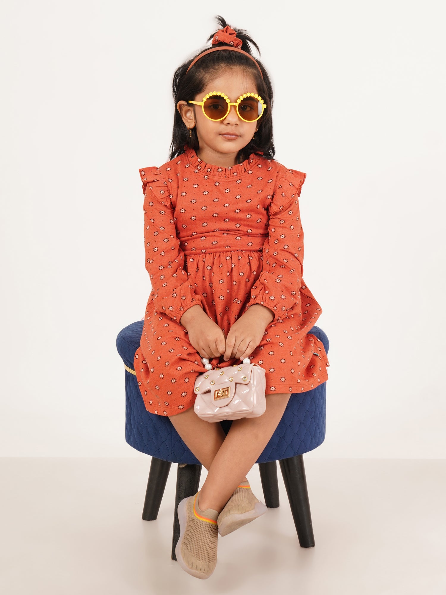 "Baby Girls' Red Floral Print Cotton Dress with Ruffle Details and Long Sleeves"