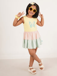 "Girls' Sleeveless Tiered Dress – Butterfly Print, Colorblock Yellow, Peach & Mint"