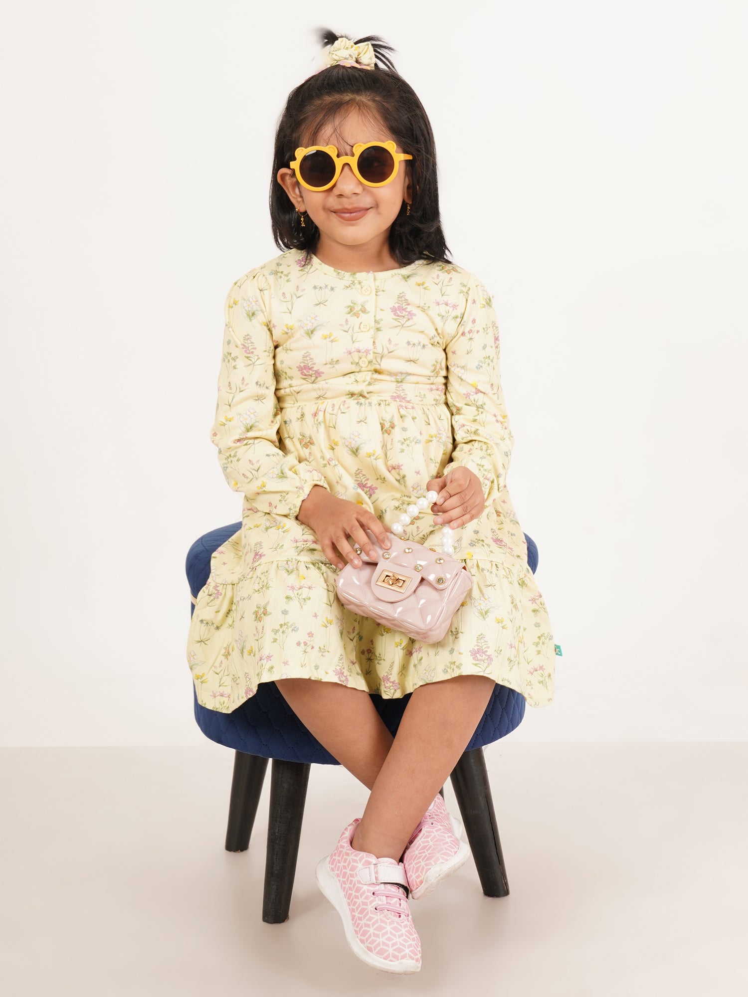 "Girls' Long Sleeve Floral Dress – Button Front, Ruffle Hem, Soft Yellow"