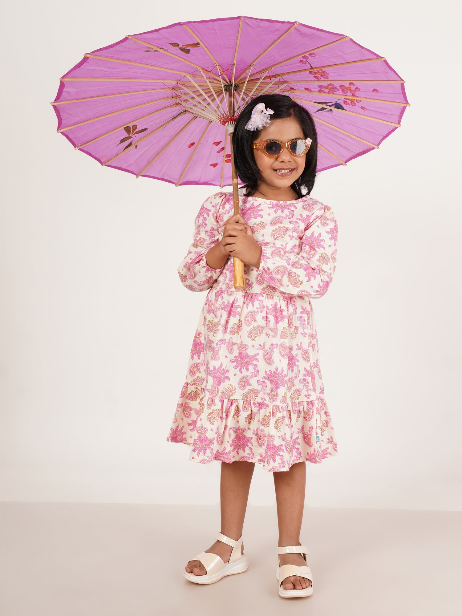 Girls Ethnic Motifs Printed Gathered Or Pleated Cotton A Line Dress