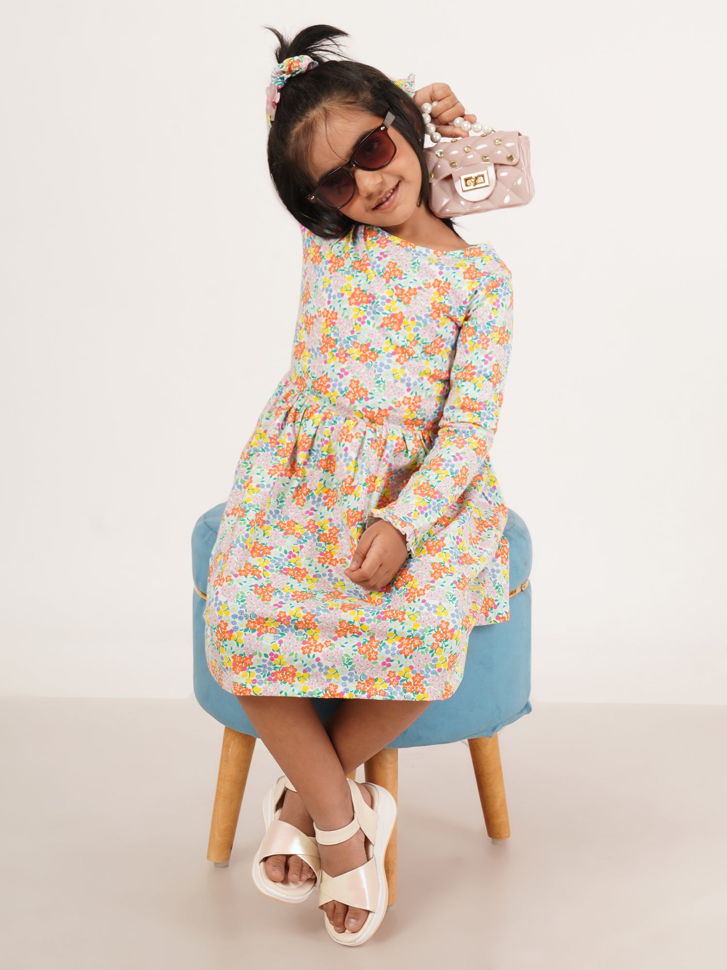 "Girls' Long Sleeve Floral Print Dress – Colorful Spring Cotton Frock"