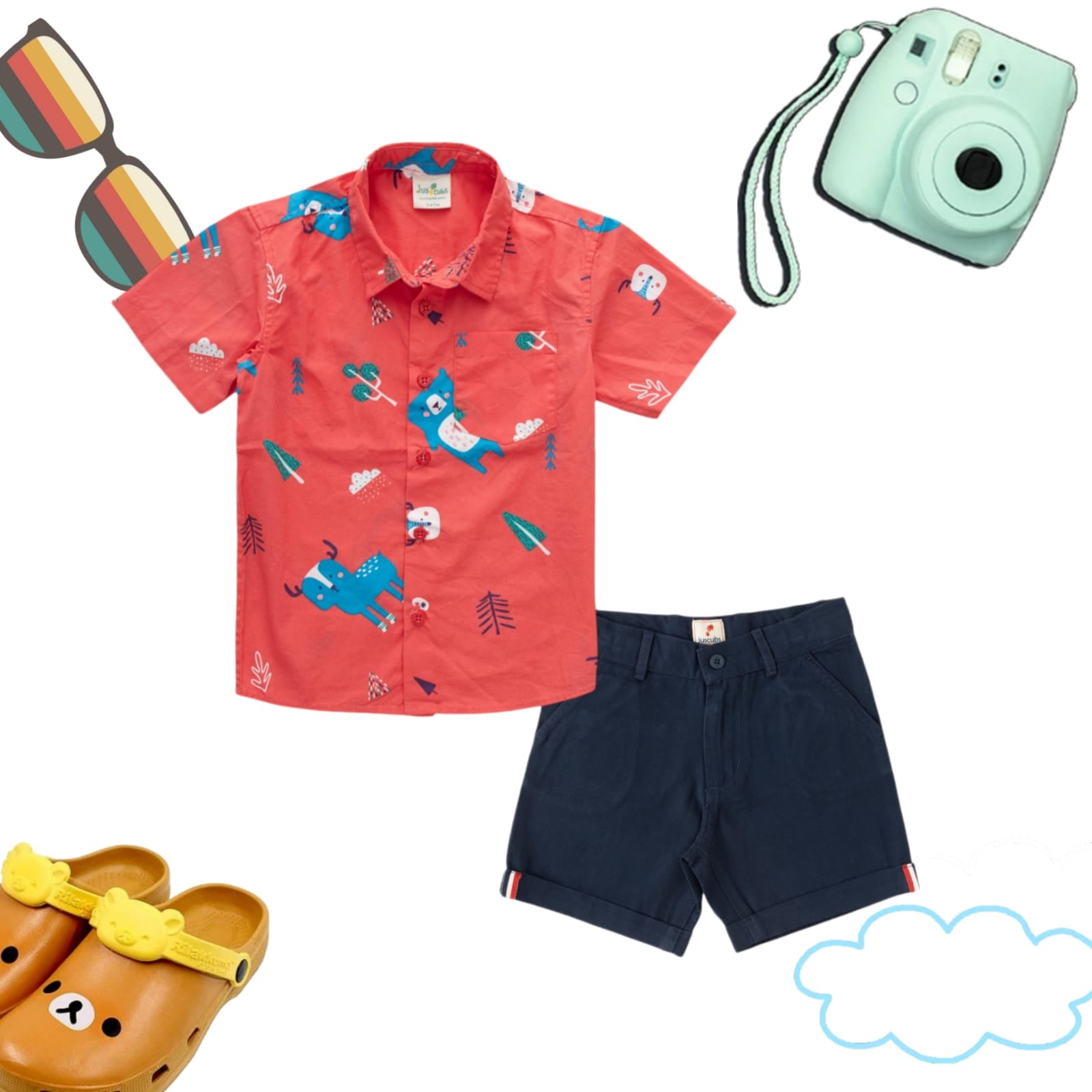 "Boys' Forest Animal Print Shirt and Navy Shorts Set – Playful Adventure Outfit"