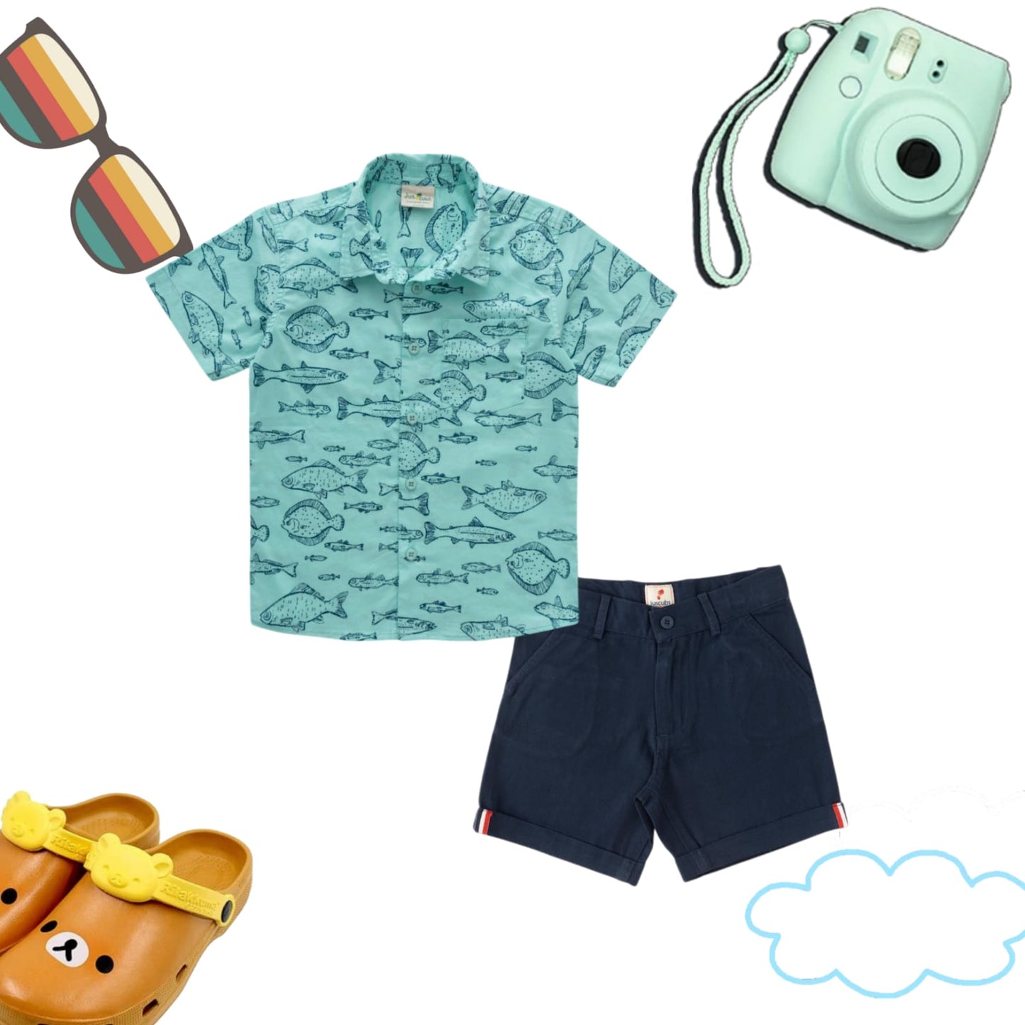 "Boys' Aqua Blue Fish Print Shirt and Navy Shorts Set – Ocean Explorer Summer Outfit"