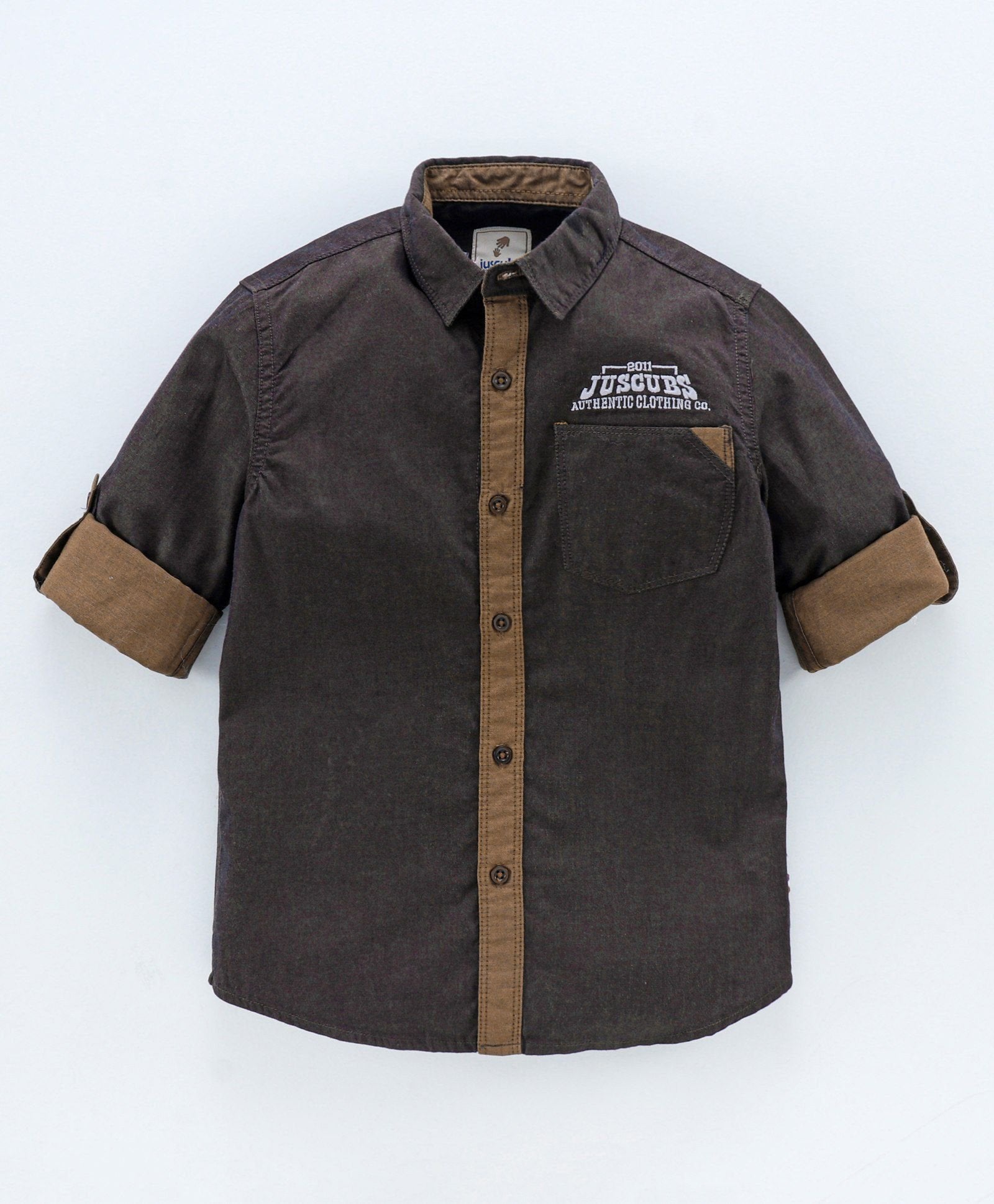 Roll Up Full Sleeve Solid Colour Bio Wash Shirt - Brown