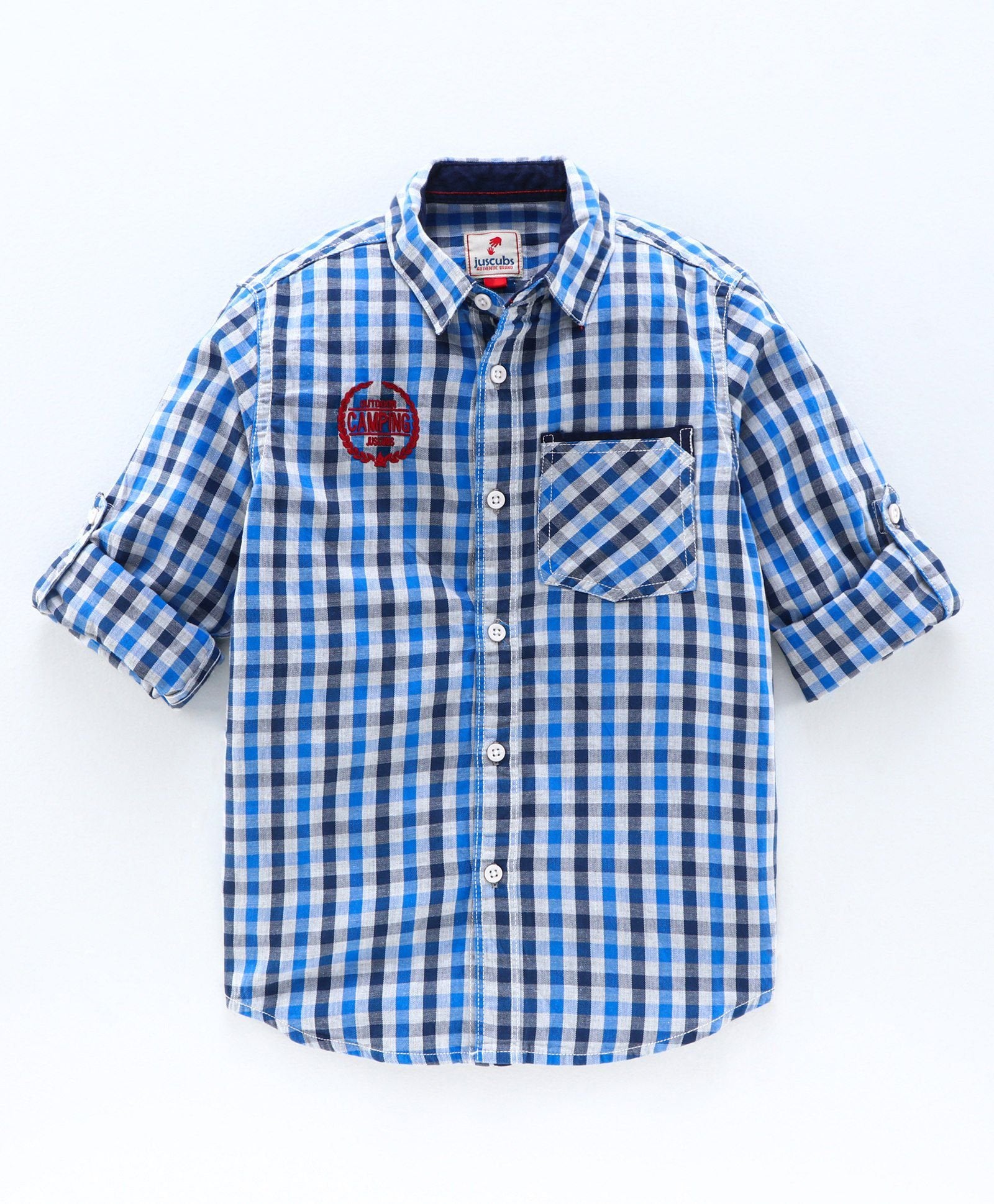 Roll Up Full Sleeve Checkered Bio Wash Shirt - Blue
