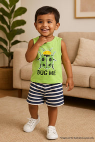 "Baby Boys Green Sleeveless Bug Print T-shirt & Navy Striped Shorts Set – Cotton Summer Co-ord"