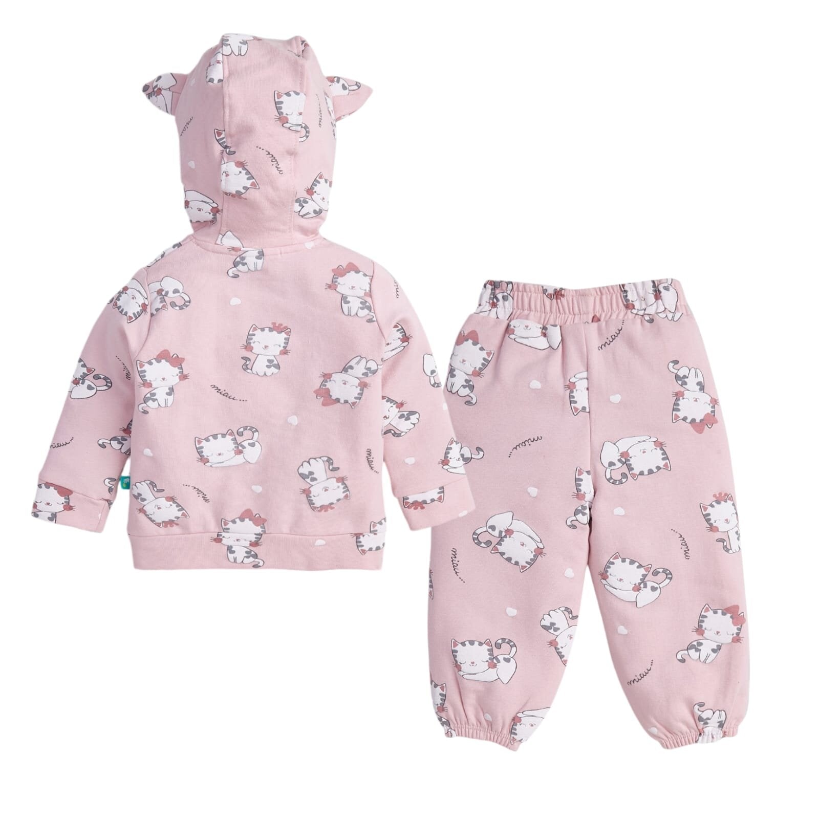 Baby Girls' Pink Cat Print Hoodie & Jogger Set with Ear Detail