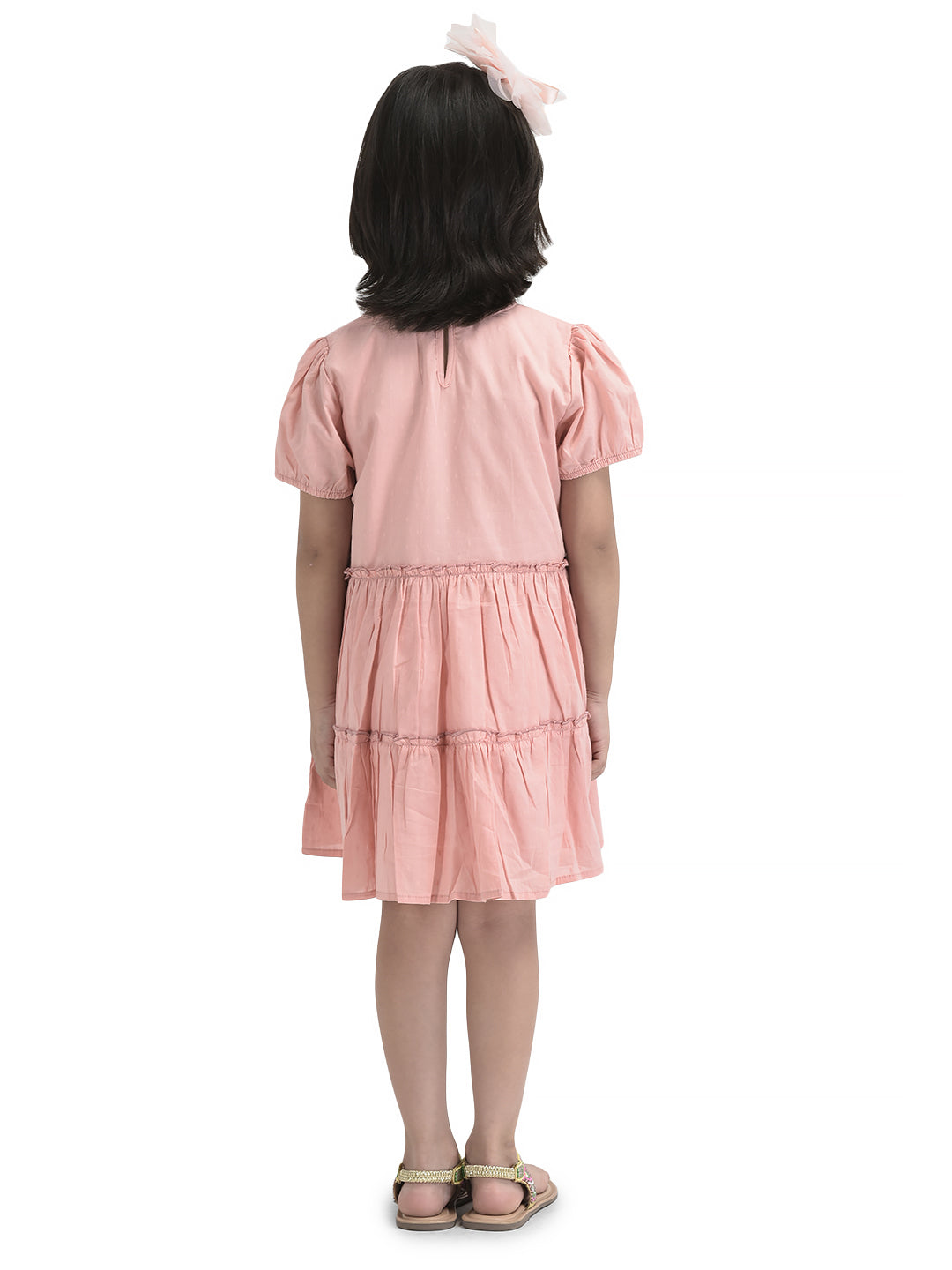 Girls Butterfly Emboridery Work & Schiffli Cotton Fit & Flare Dress - Pink-Peach& OffWhite