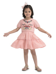 Girls Butterfly Emboridery Work & Schiffli Cotton Fit & Flare Dress - Pink-Peach& OffWhite