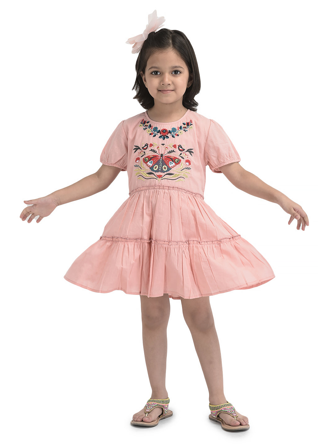 Girls Butterfly Emboridery Work & Schiffli Cotton Fit & Flare Dress - Pink-Peach& OffWhite