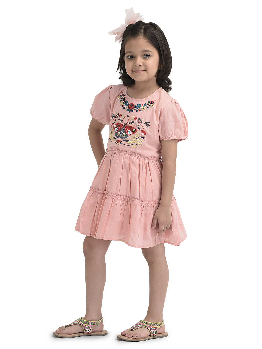Girls Butterfly Emboridery Work & Schiffli Cotton Fit & Flare Dress - Pink-Peach& OffWhite