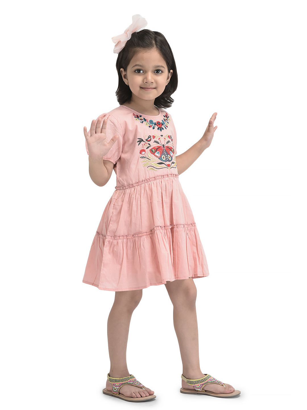 Girls Butterfly Emboridery Work & Schiffli Cotton Fit & Flare Dress - Pink-Peach& OffWhite