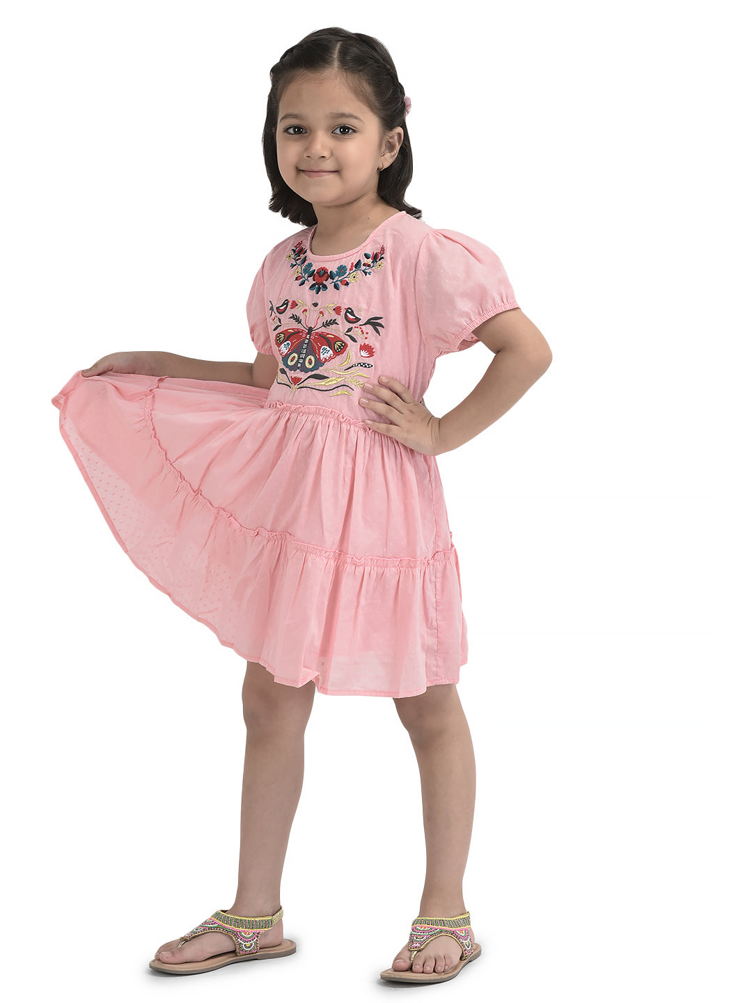 Girls Butterfly Emboridery Work & Schiffli Cotton Fit & Flare Dress - Pink-Peach& OffWhite