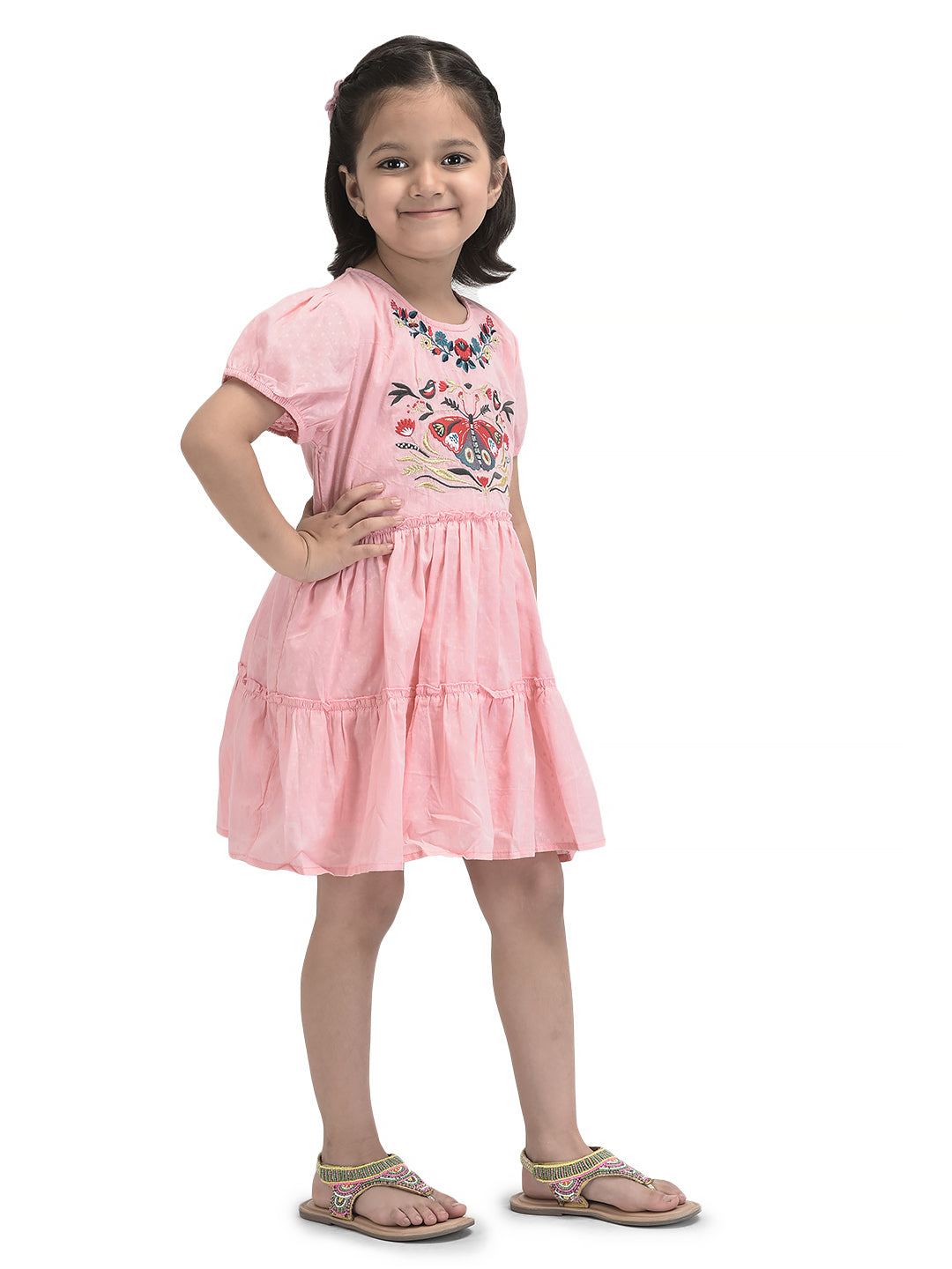 Girls Butterfly Emboridery Work & Schiffli Cotton Fit & Flare Dress - Pink-Peach& OffWhite