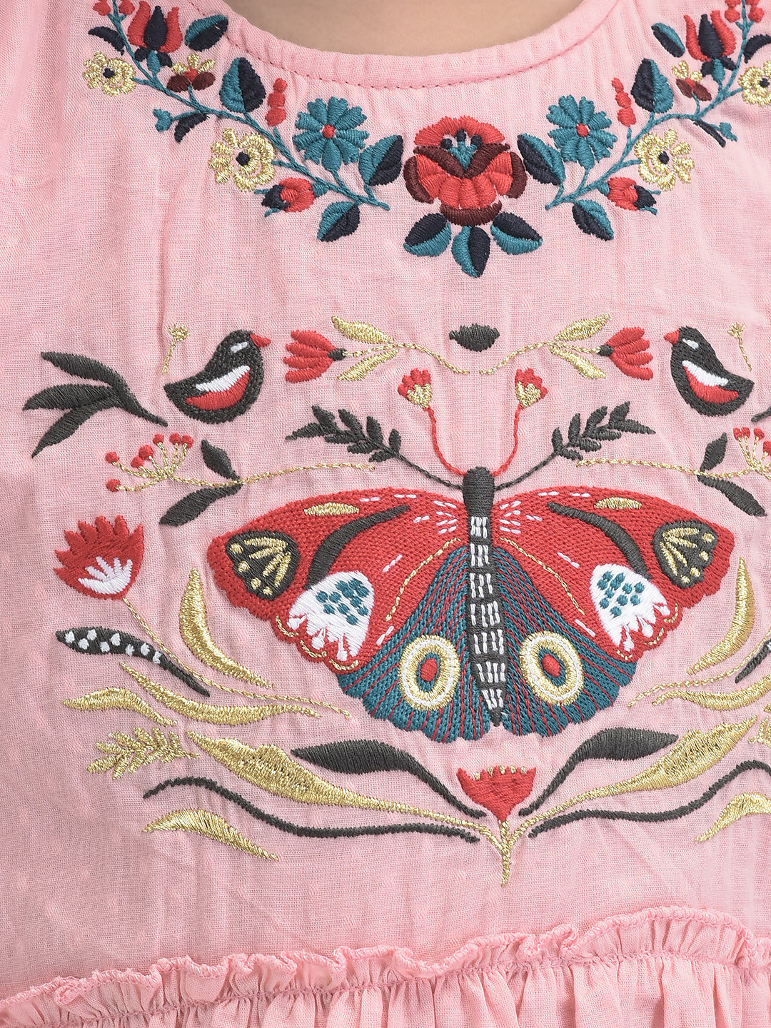Girls Butterfly Emboridery Work & Schiffli Cotton Fit & Flare Dress - Pink-Peach& OffWhite