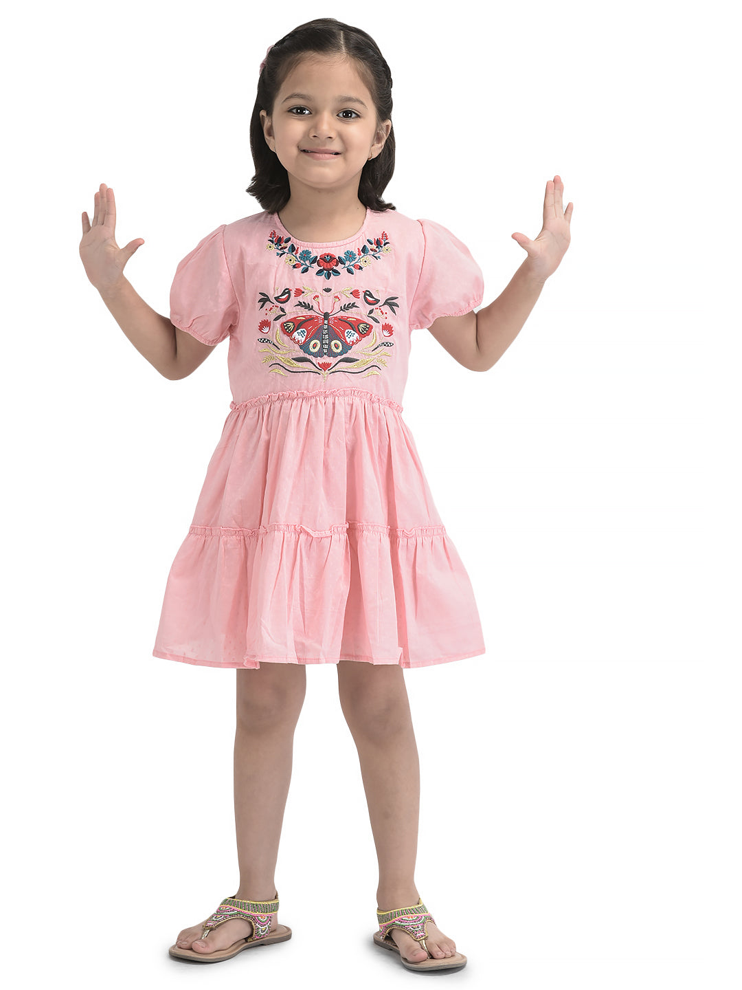 Girls Butterfly Emboridery Work & Schiffli Cotton Fit & Flare Dress - Pink-Peach& OffWhite