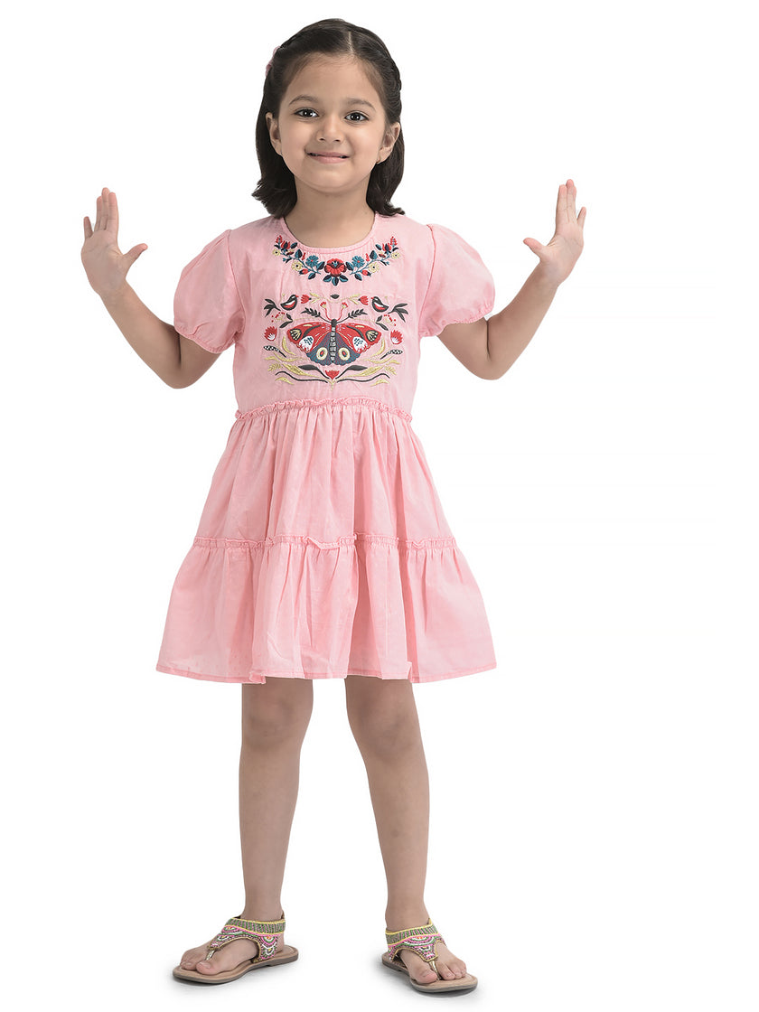 Girls Butterfly Emboridery Work & Schiffli Cotton Fit & Flare Dress - Pink-Peach& OffWhite