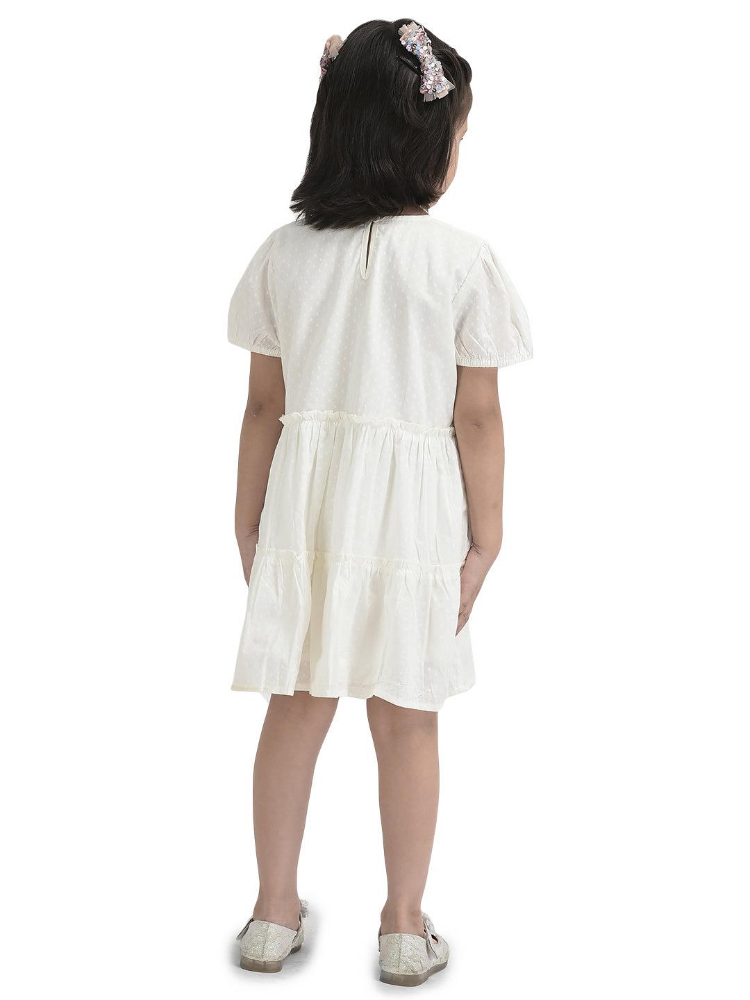 Girls Butterfly Emboridery Work & Schiffli Cotton Fit & Flare Dress - Pink-Peach& OffWhite