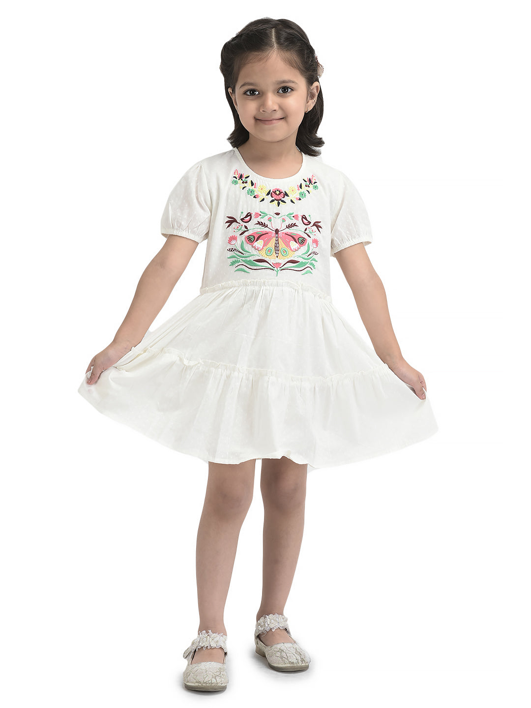 Girls Butterfly Emboridery Work & Schiffli Cotton Fit & Flare Dress - Pink-Peach& OffWhite