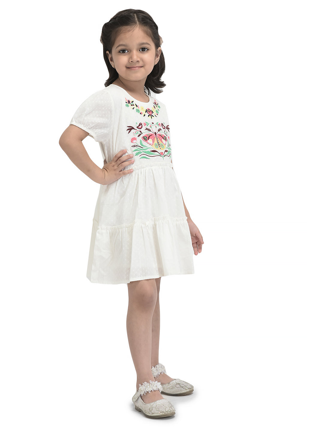 Girls Butterfly Emboridery Work & Schiffli Cotton Fit & Flare Dress - Pink-Peach& OffWhite