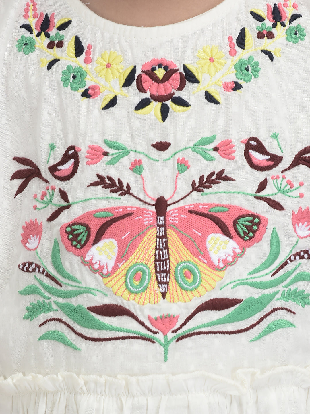 Girls Butterfly Emboridery Work & Schiffli Cotton Fit & Flare Dress - Pink-Peach& OffWhite