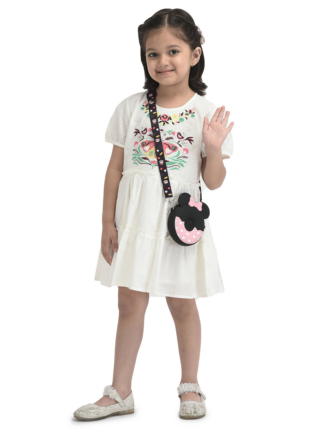 Girls Butterfly Emboridery Work & Schiffli Cotton Fit & Flare Dress - Pink-Peach& OffWhite