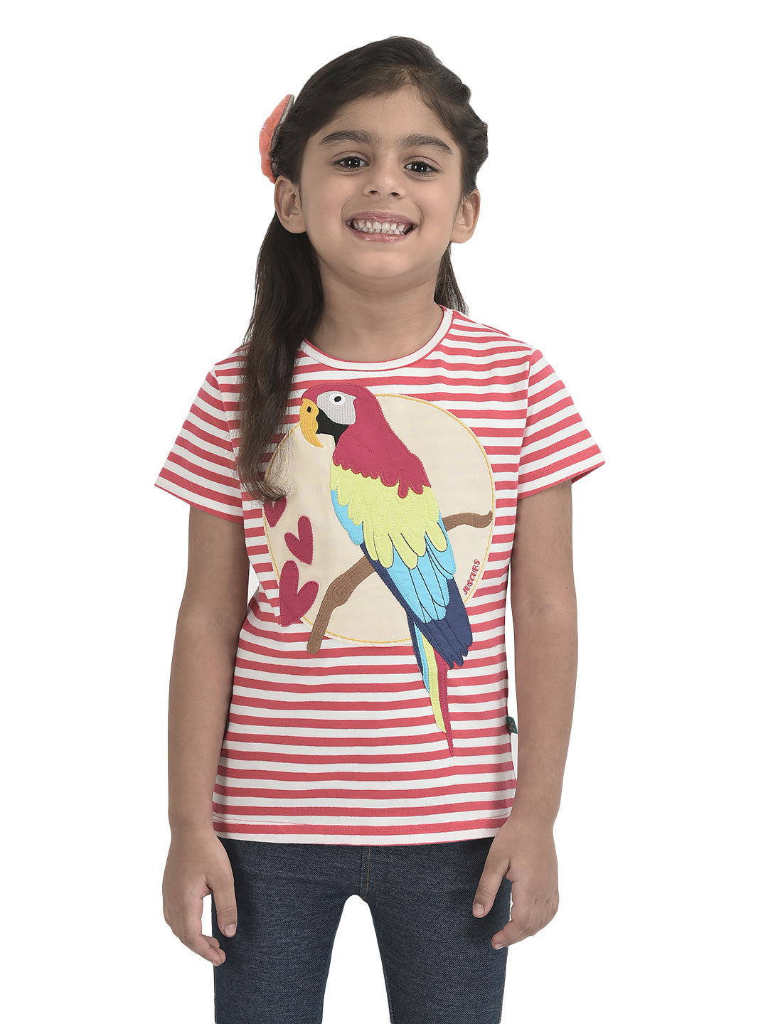 Girls Embroidery & Patch work Parrot Bio-Washed T-shirt - Pink & Navy