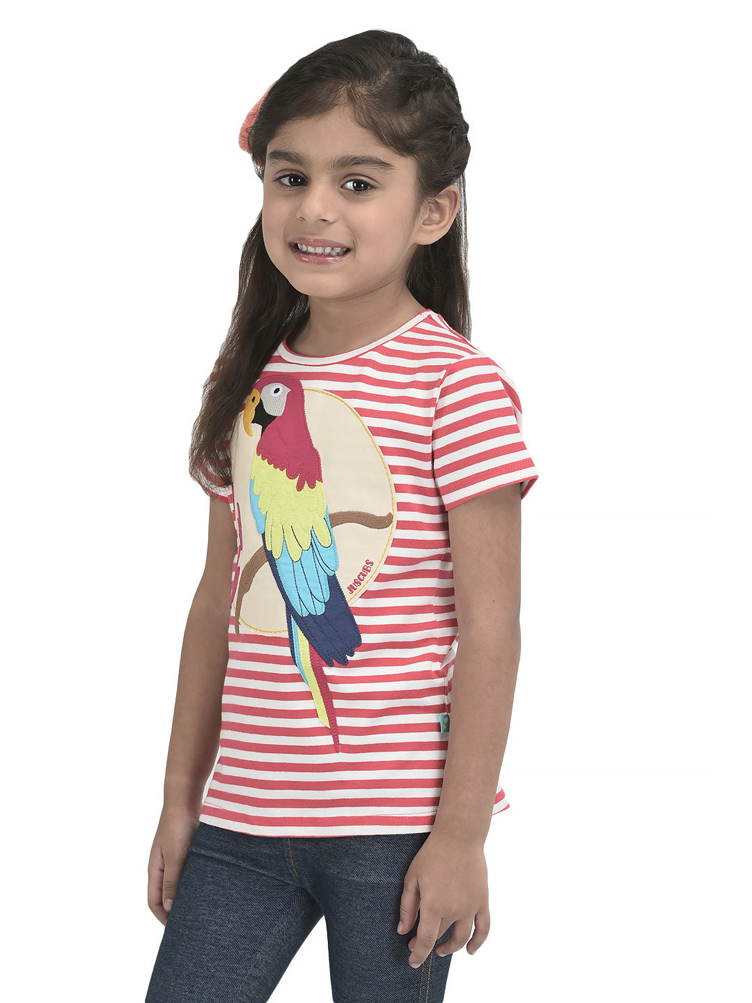 Girls Embroidery & Patch work Parrot Bio-Washed T-shirt - Pink & Navy
