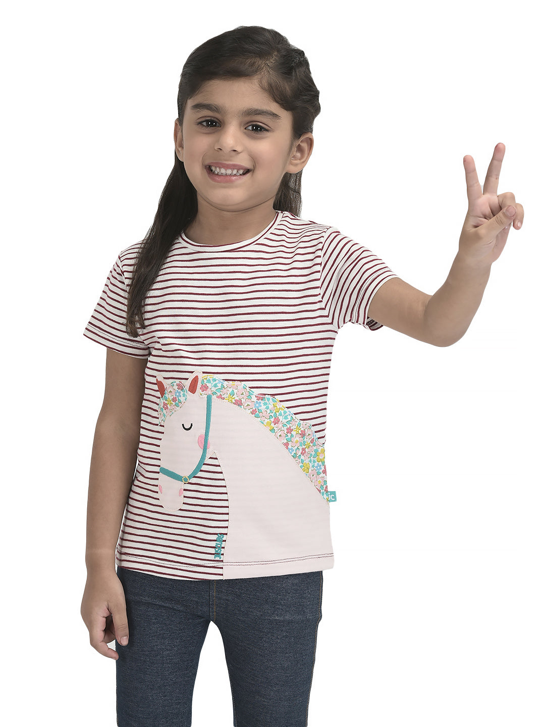 Girl Trendy Patch work Horse Bio-Washed T-shirt   - Marron & Navy