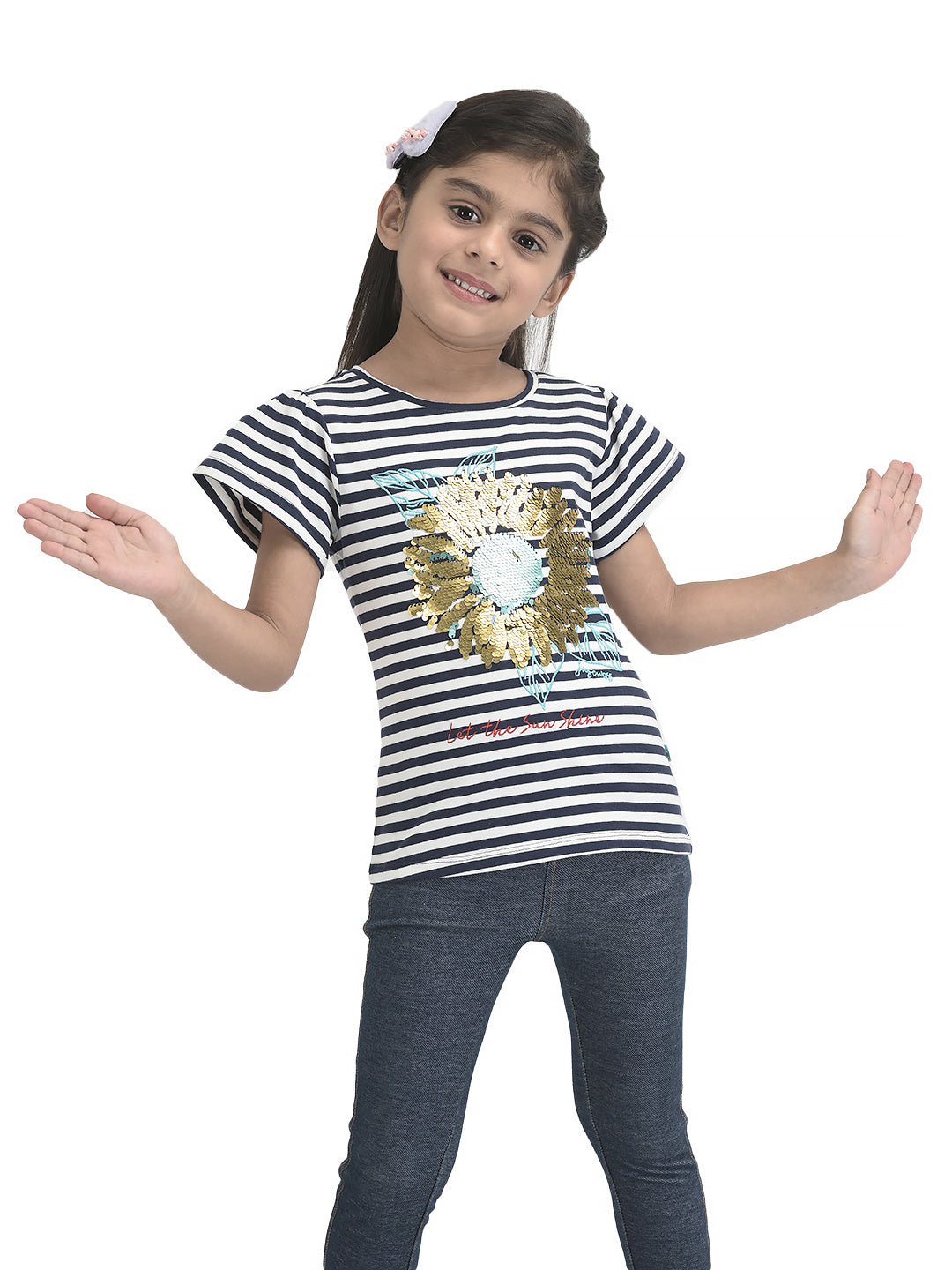 Girls Sequence Sunflower Work Half sleeve Bio-Washed T-Shirt - Pink & Blue