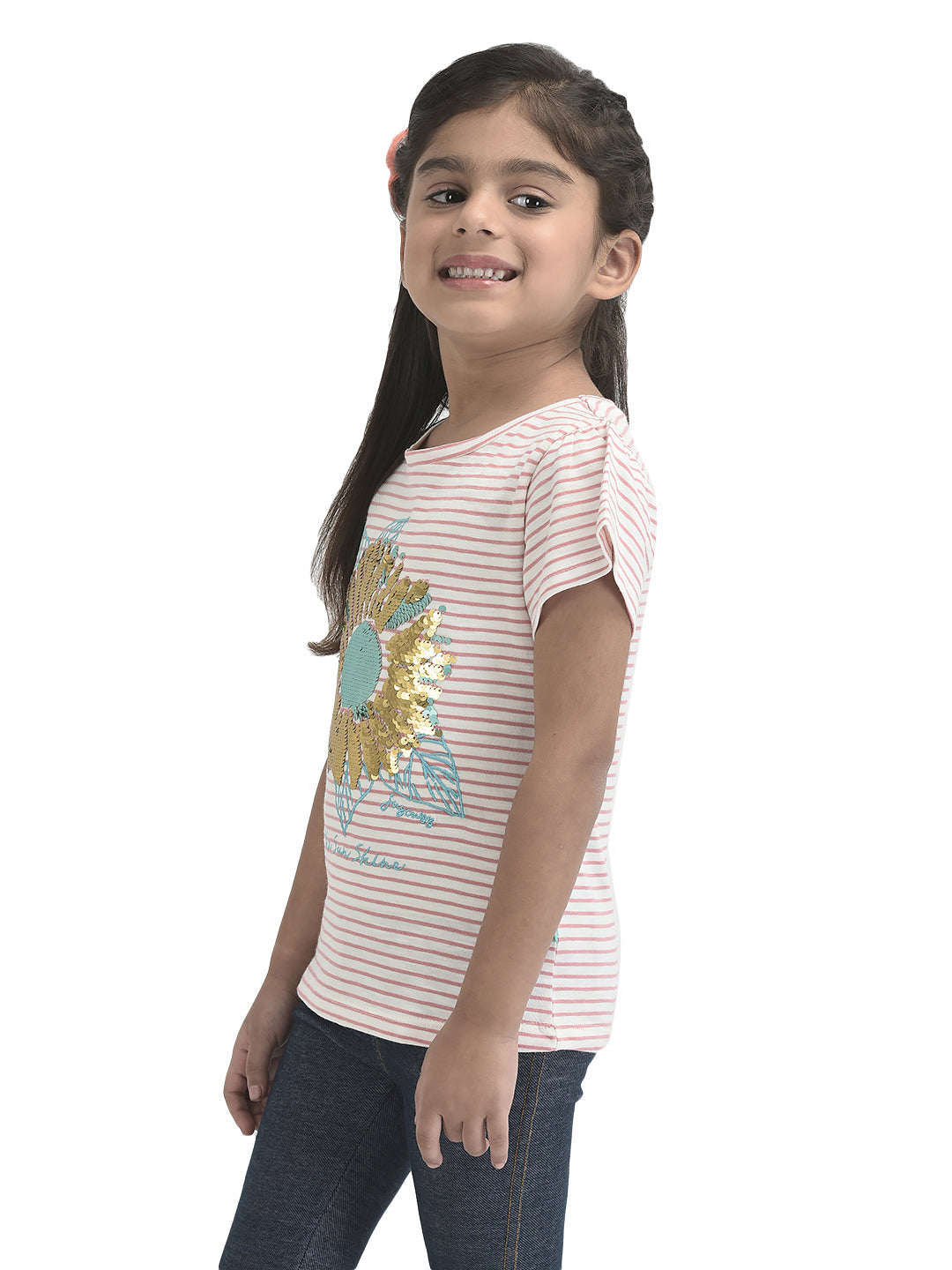 Girls Sequence Sunflower Work Half sleeve Bio-Washed T-Shirt - Pink & Blue