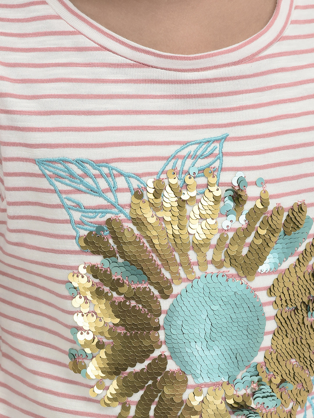 Girls Sequence Sunflower Work Half sleeve Bio-Washed T-Shirt - Pink & Blue