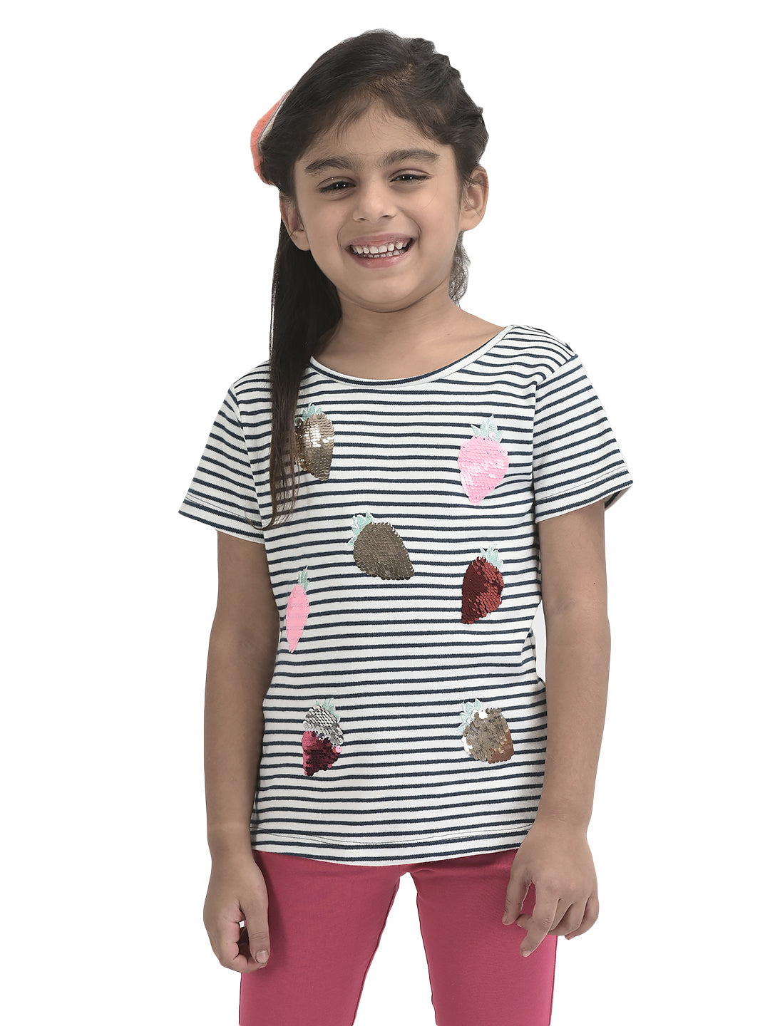 Girls Sequence All Over Strawberry Work Half sleeve Bio-Washed T-Shirt - Pink & Blue