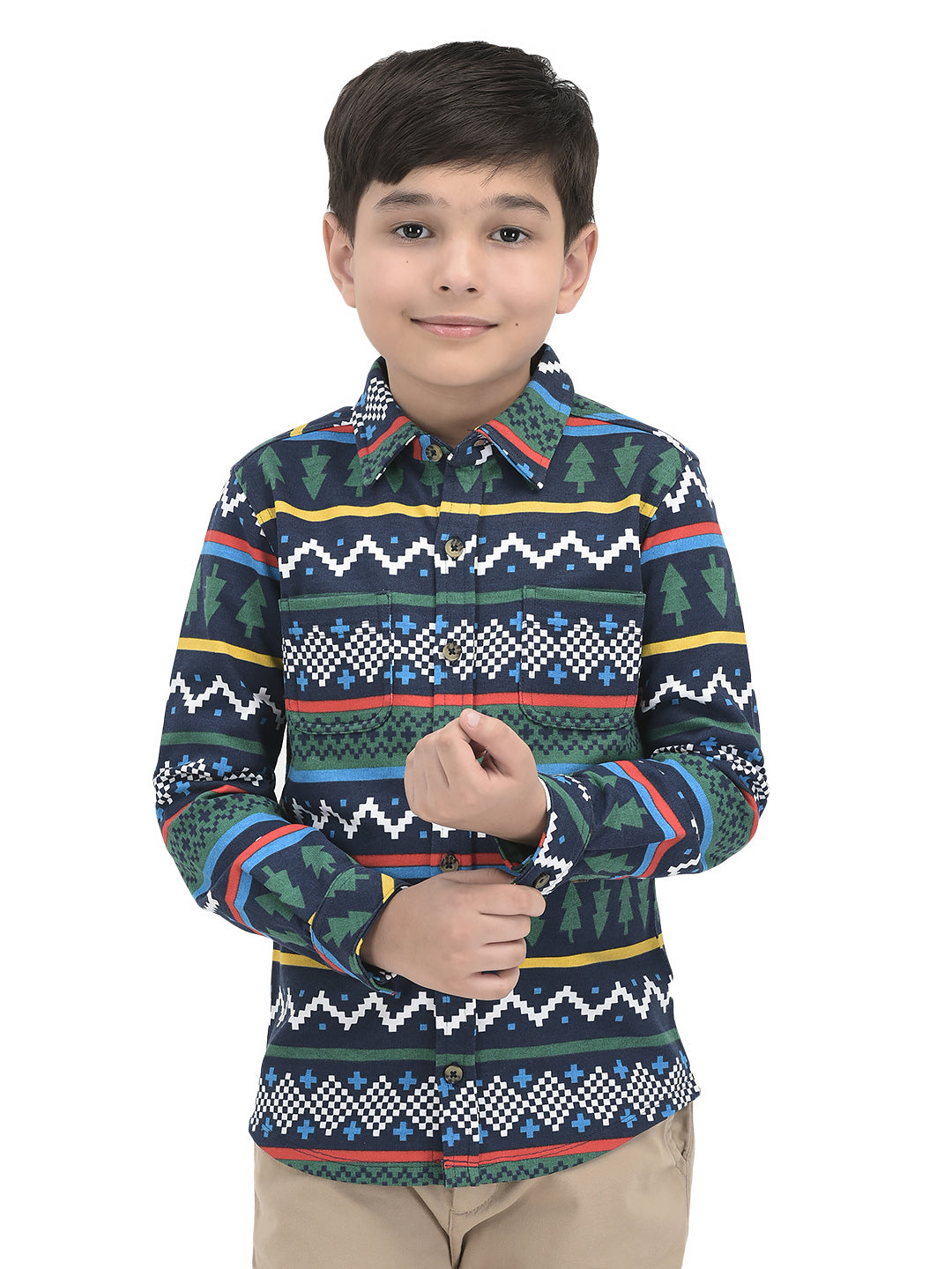 Boys' Long Sleeve Button-Up Flannel Shirt – Festive Forest & Geometric Print