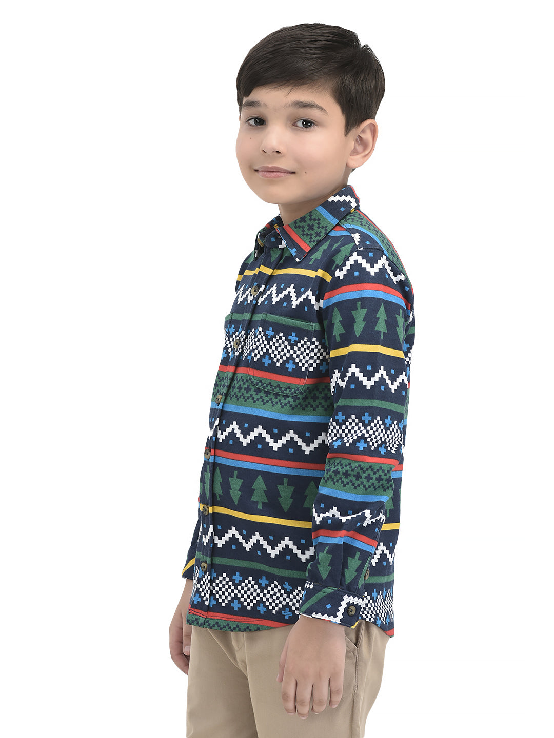 Boys' Long Sleeve Button-Up Flannel Shirt – Festive Forest & Geometric Print