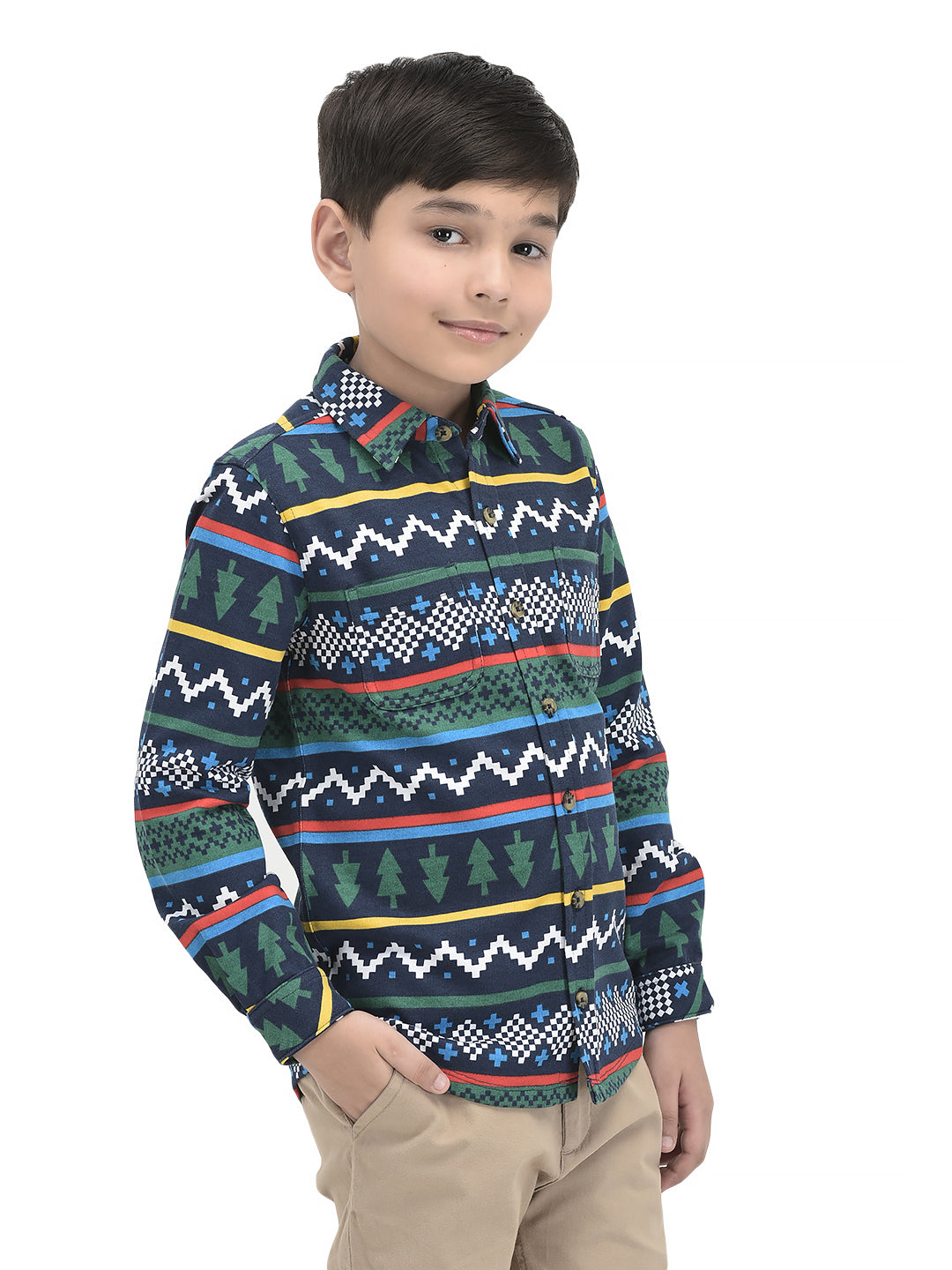 Boys' Long Sleeve Button-Up Flannel Shirt – Festive Forest & Geometric Print