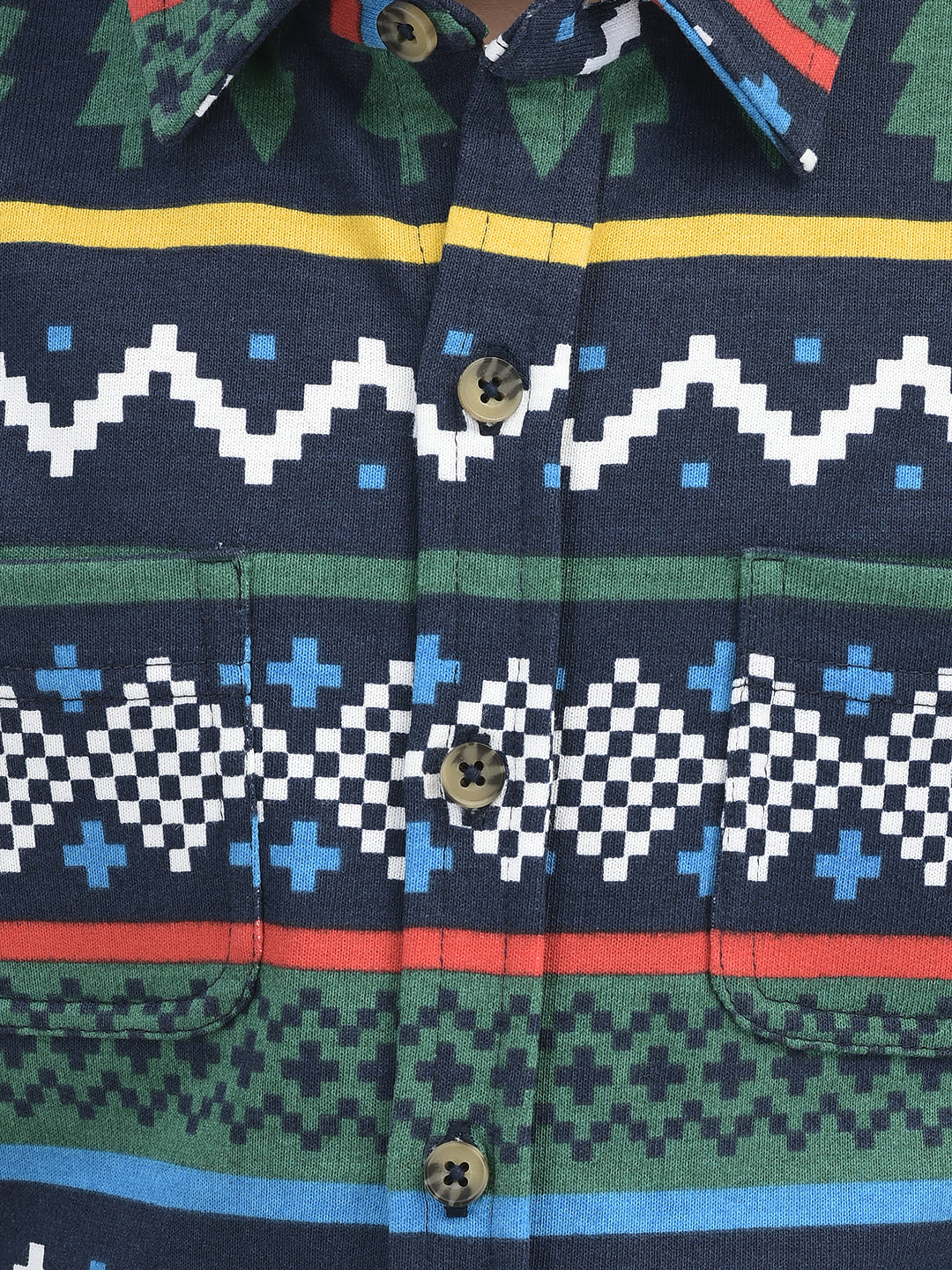 Boys' Long Sleeve Button-Up Flannel Shirt – Festive Forest & Geometric Print