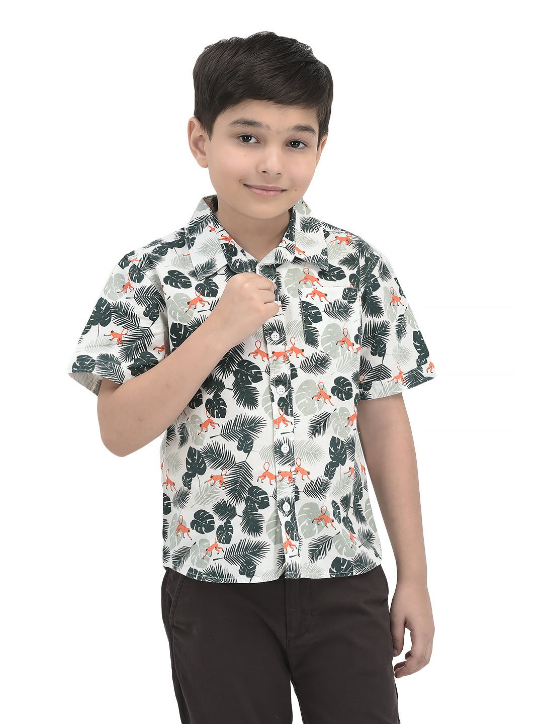 Boys' Jungle Safari Shirt – Monkey & Leaf Print, Short Sleeve