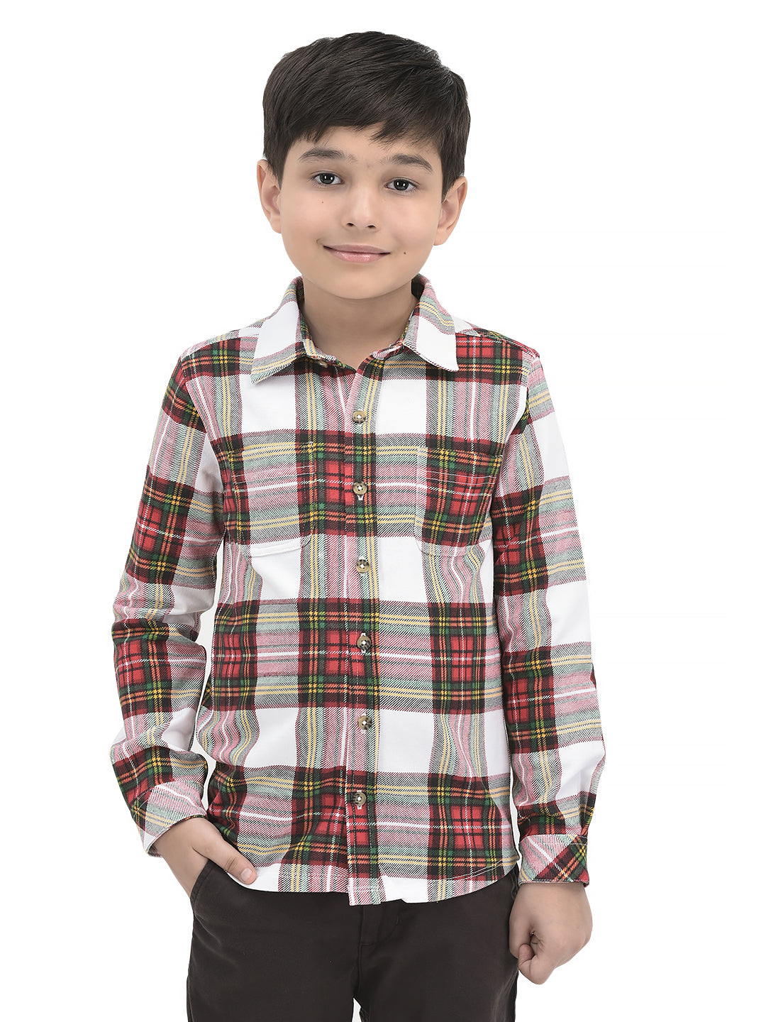 Boys' Long Sleeve Button-Up Flannel Shirt – Red, Pink & White Holiday Plaid
