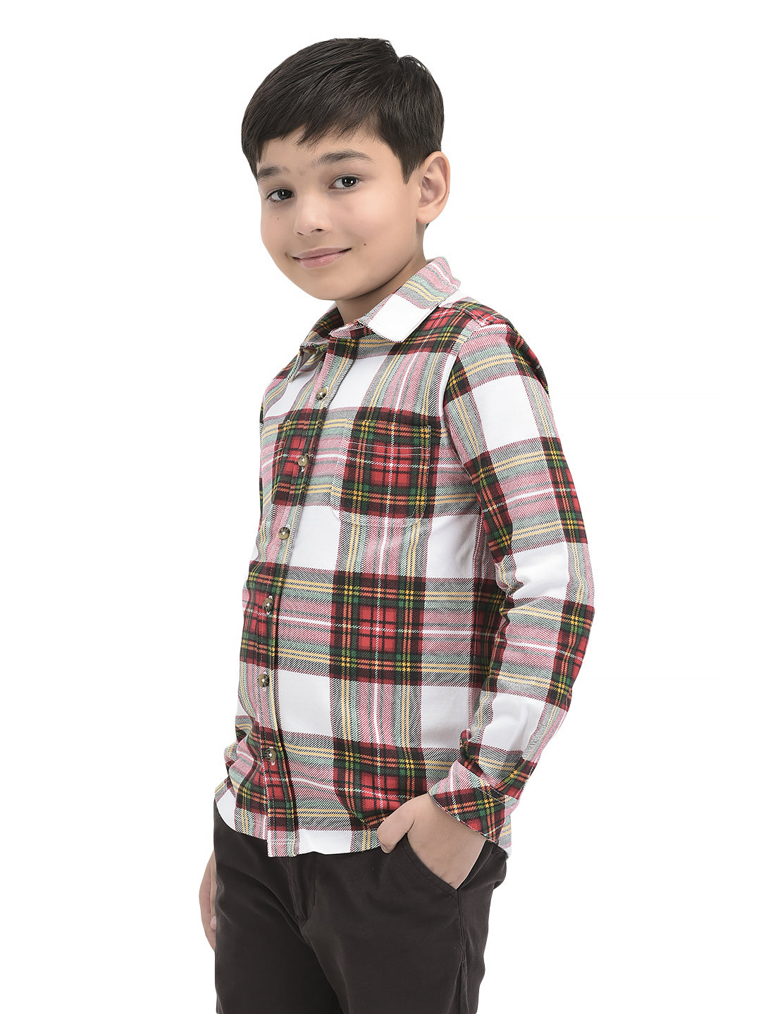 Boys' Long Sleeve Button-Up Flannel Shirt – Red, Pink & White Holiday Plaid