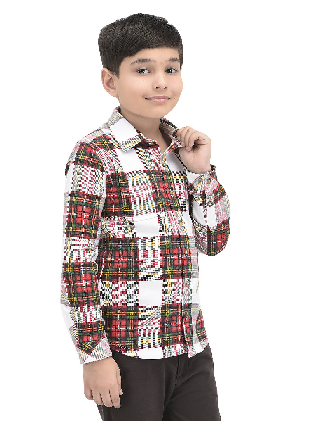 Boys' Long Sleeve Button-Up Flannel Shirt – Red, Pink & White Holiday Plaid
