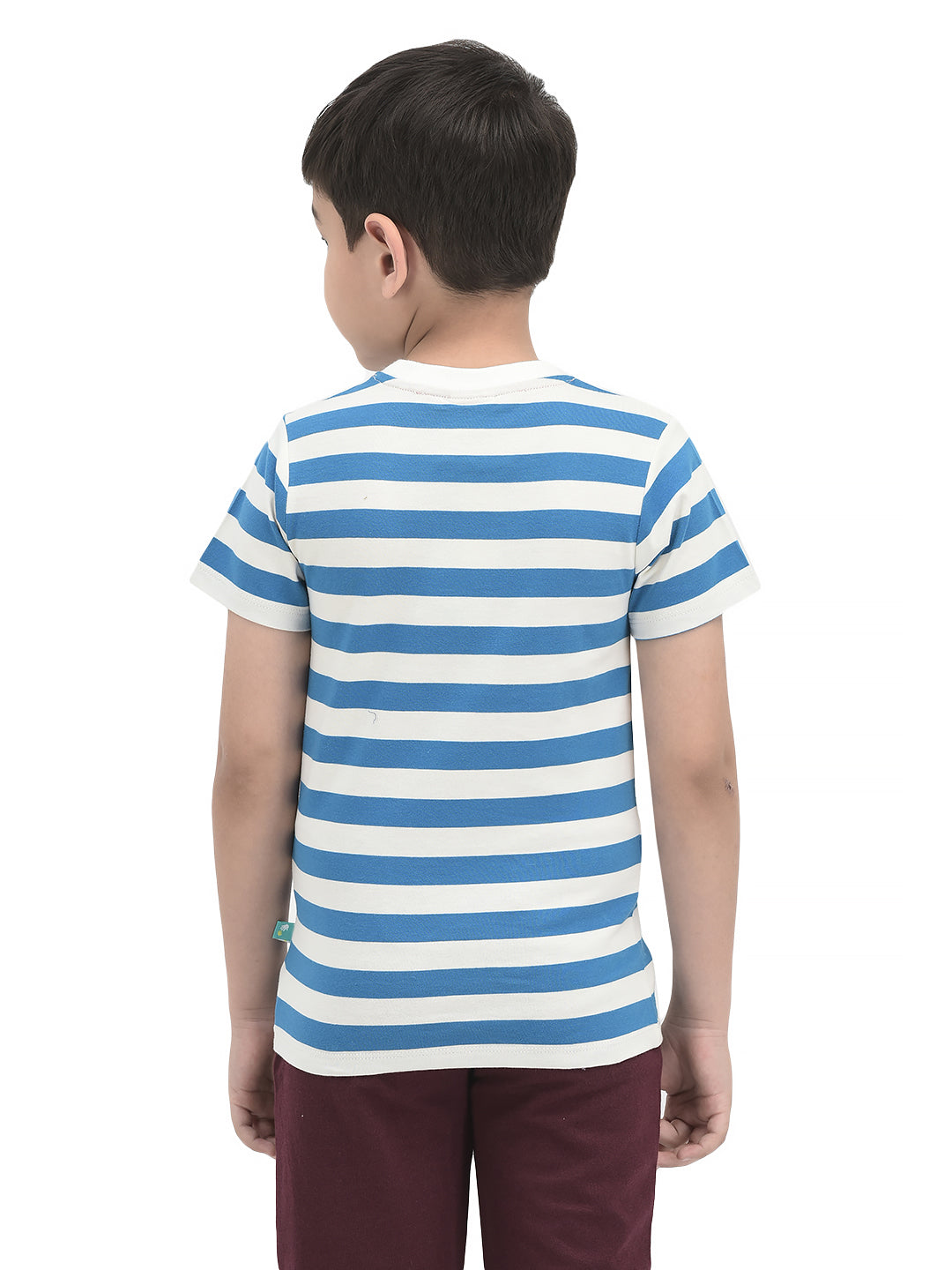 Boys Blue Stripes with Optapus Patch work Half Sleeve BioWashed T-shirts - Blue
