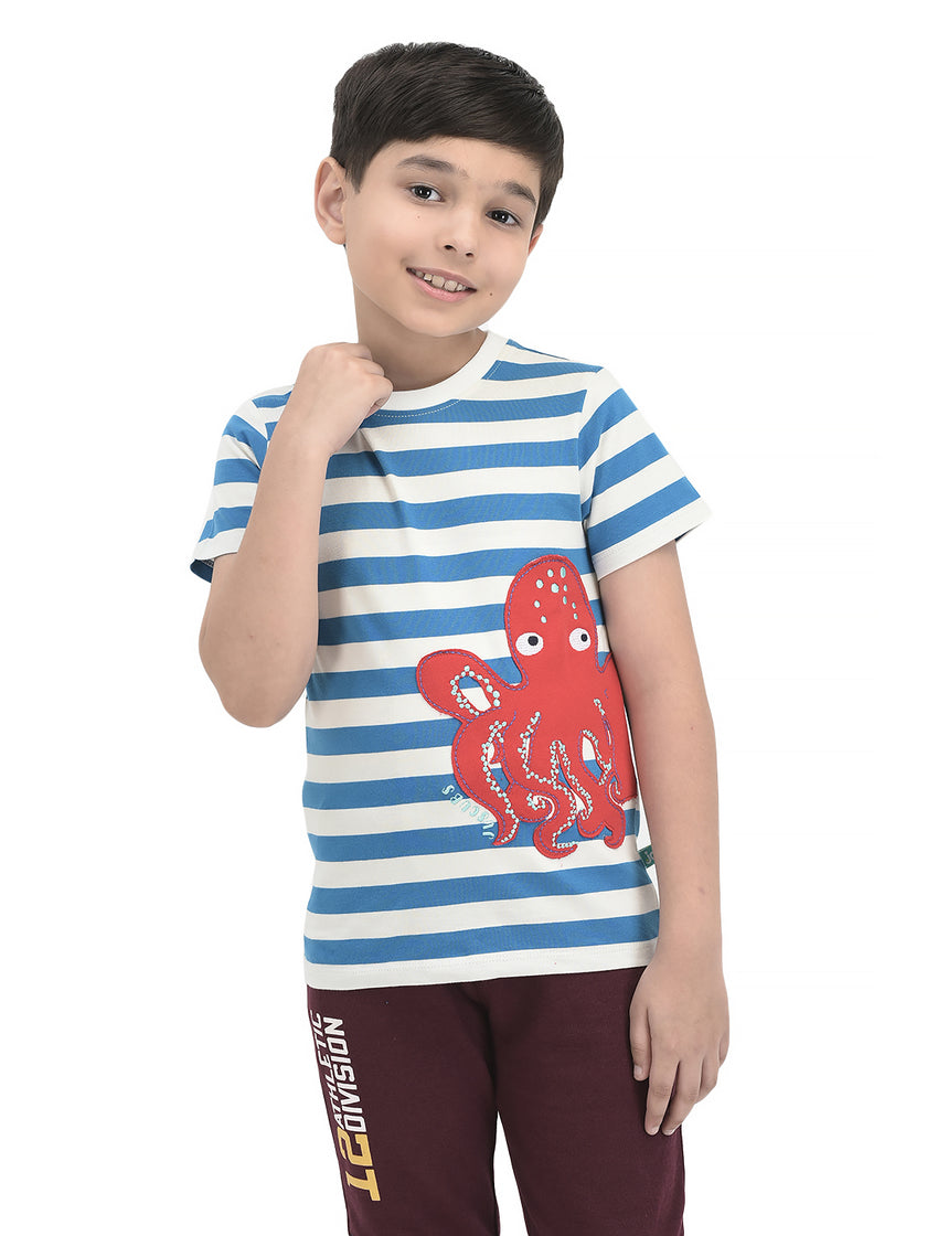 Boys Blue Stripes with Optapus Patch work Half Sleeve BioWashed T-shirts - Blue