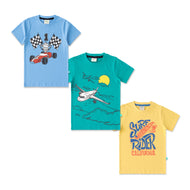 "Boys' Pack of 3 Graphic Printed T-Shirts – Checked Flag, Airplane & Surf Rider Designs"