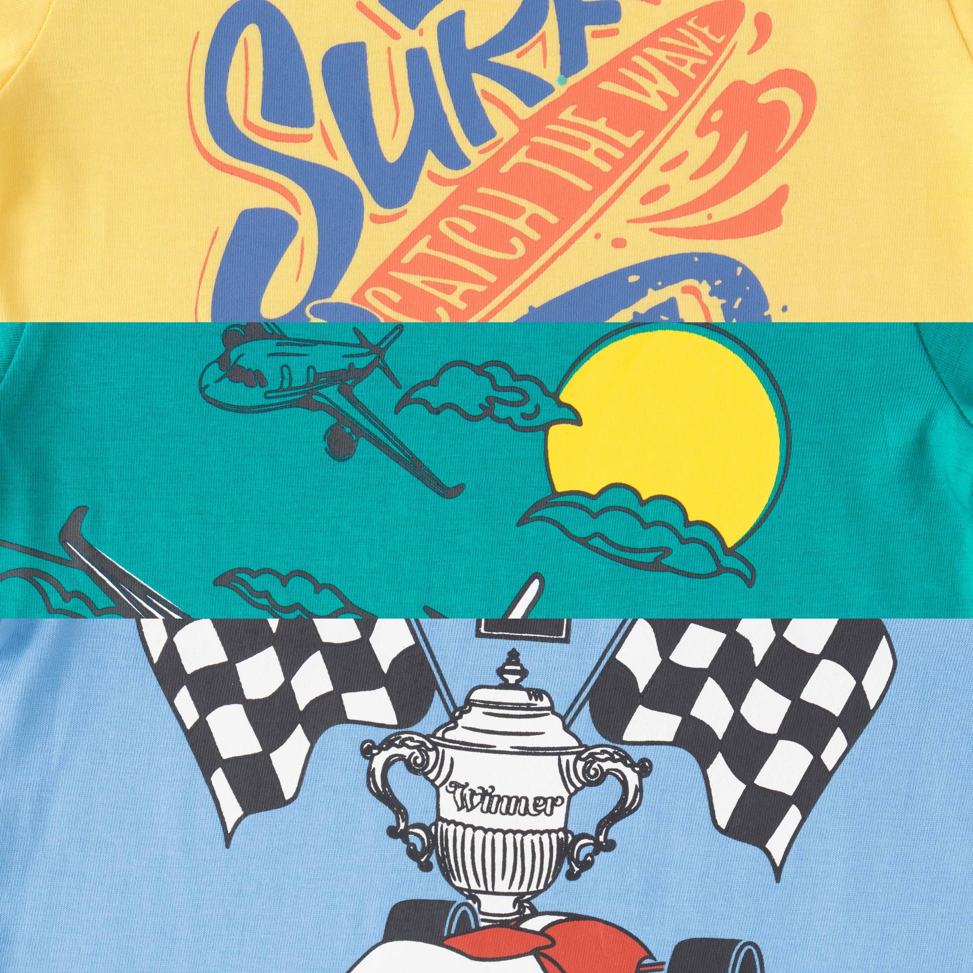 "Boys' Pack of 3 Graphic Printed T-Shirts – Checked Flag, Airplane & Surf Rider Designs"
