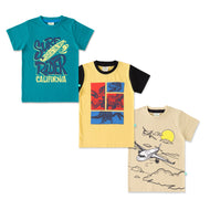 "Boys Cotton Printed T-Shirt Combo Pack of 3 – Surf Rider, Dinosaur & Airplane Design"